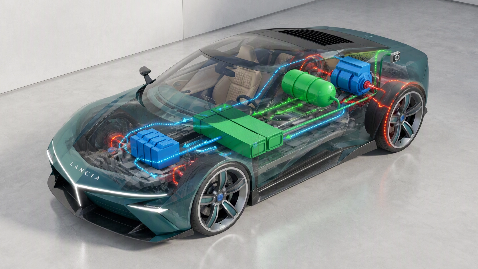 Lancia Stratos HF Concept — conceptual hydrogen fuel-cell powertrain layout